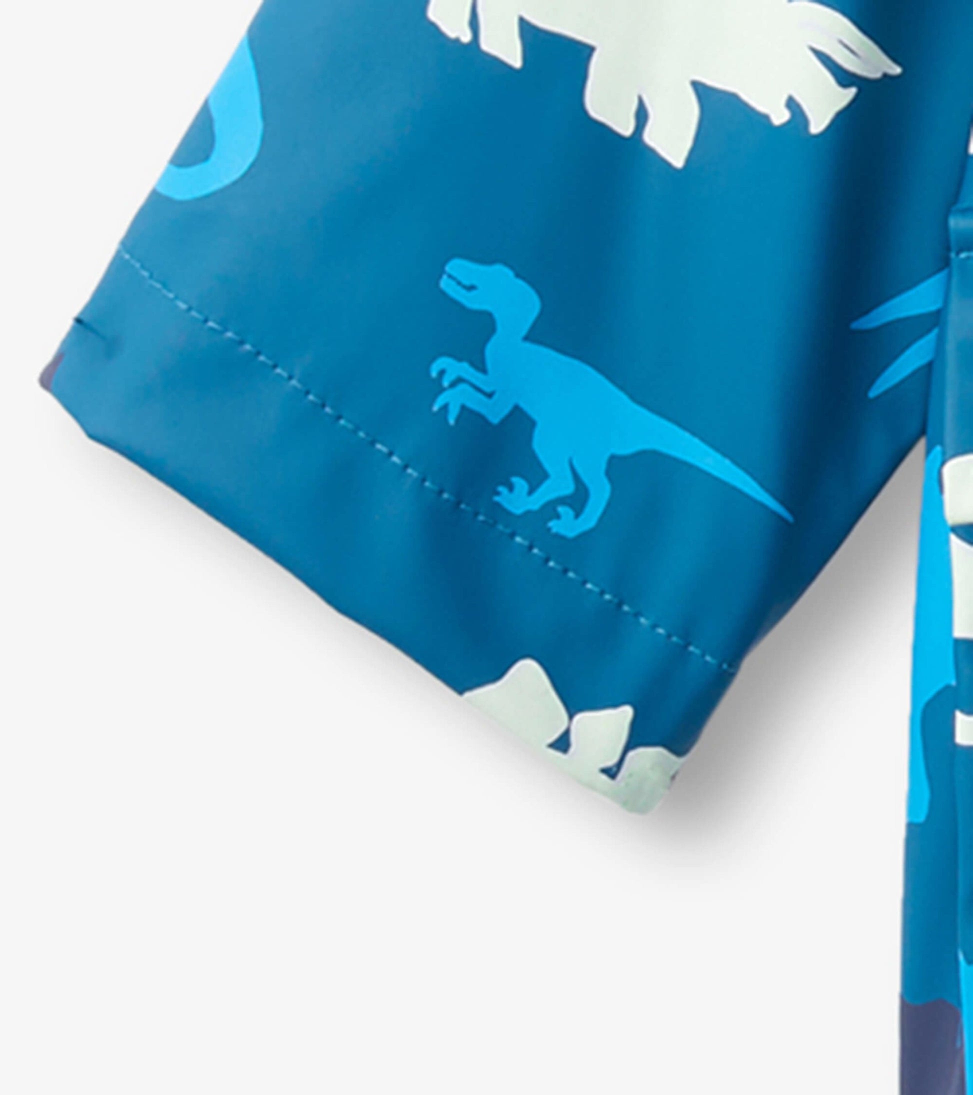 Blue waterproof raincoat featuring colorful dinosaur prints, suitable for babies aged 9-24 months.