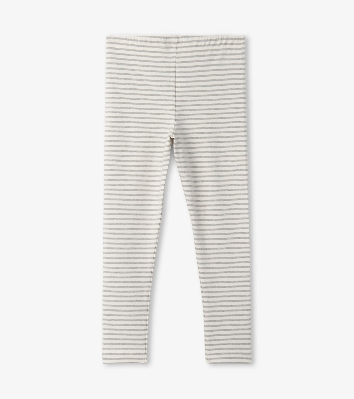 Light gray leggings with thin white stripes, featuring a comfortable elastic waistband. Ideal for casual wear.