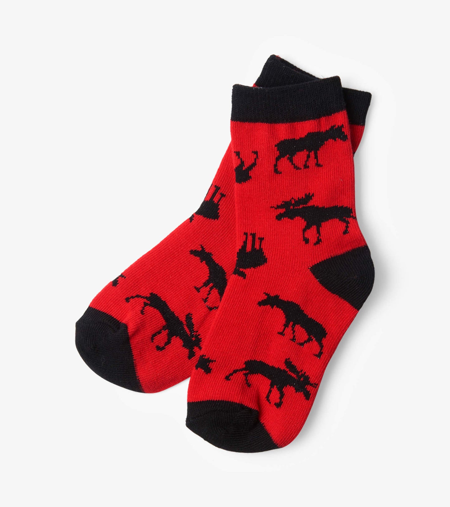 Red crew socks featuring black moose silhouettes, perfect for kids aged 2-7.