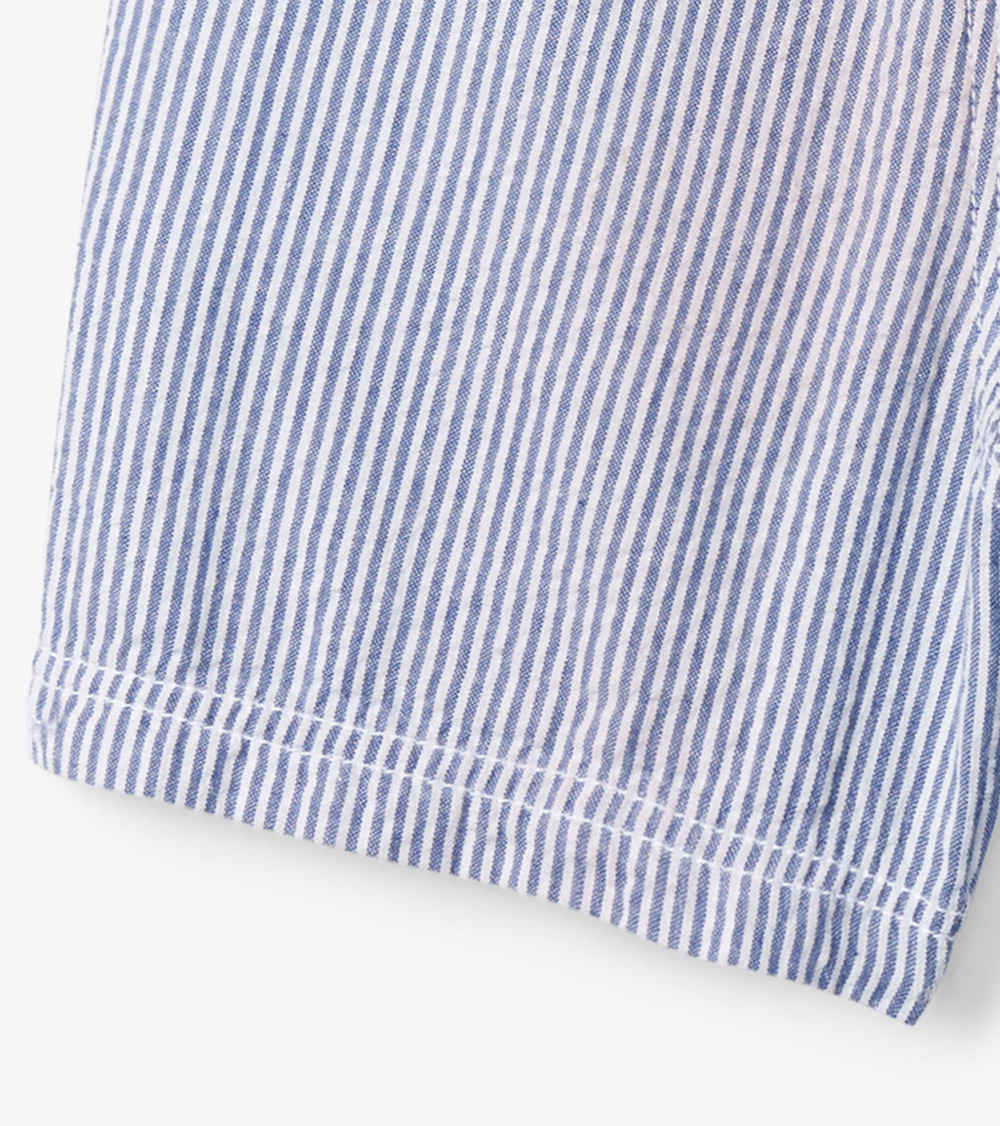 Blue and white striped woven shorts with a hemmed edge, suitable for casual wear.