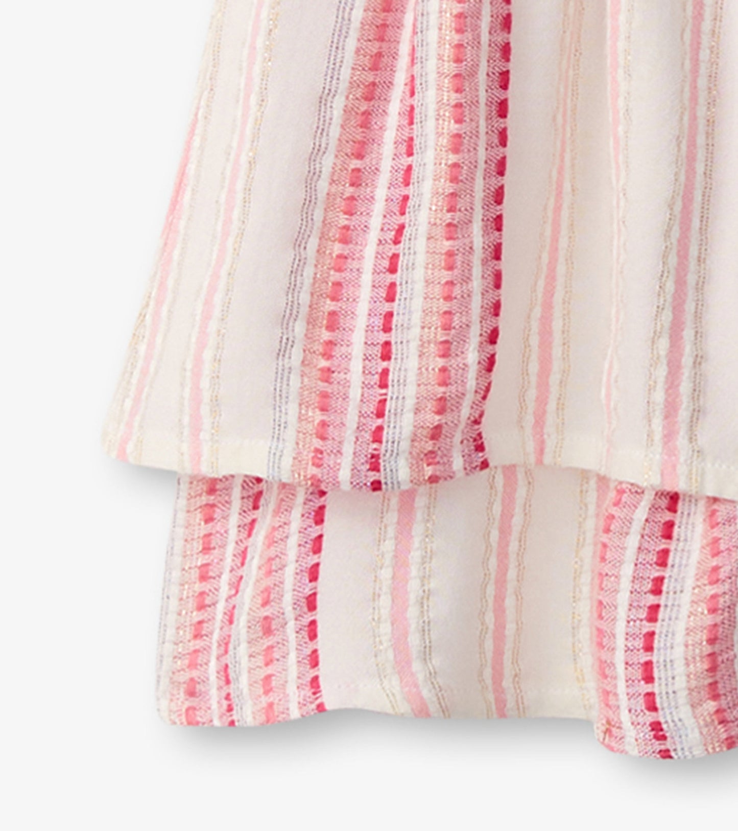 Smocked waist dress featuring a striped pattern in pink and white, with a lightweight fabric suitable for warm weather.