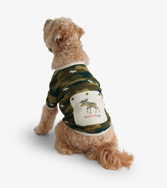 Camo-patterned dog tee in green with a moose graphic on the back, designed for comfort and style.
