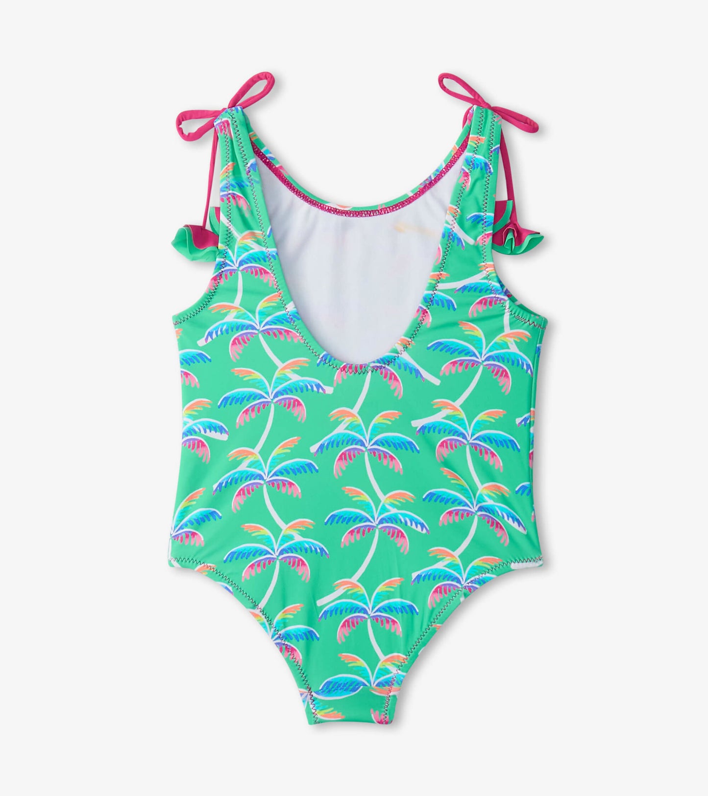 Green swimsuit featuring a colorful palm tree pattern, with shoulder bows and a scoop back design.