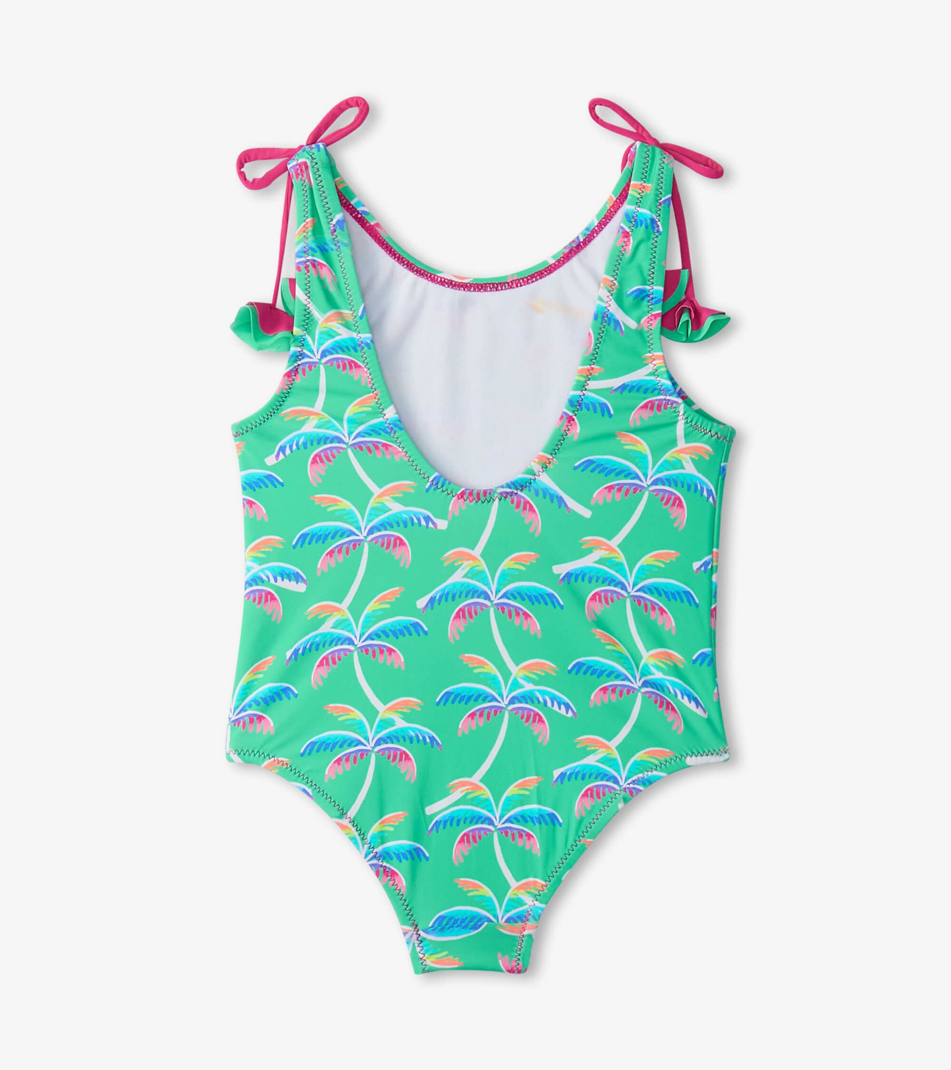 Green swimsuit featuring a colorful palm tree pattern, with shoulder bows and a scoop back design.