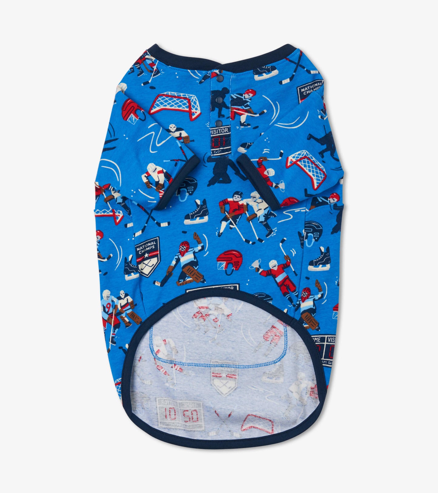 Blue dog tee featuring a hockey-themed print with players, pucks, and goals, designed for playful pets.