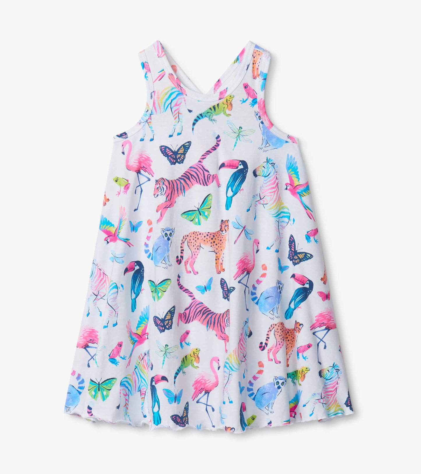 White trapeze dress featuring a vibrant jungle print with animals and butterflies in various colors.