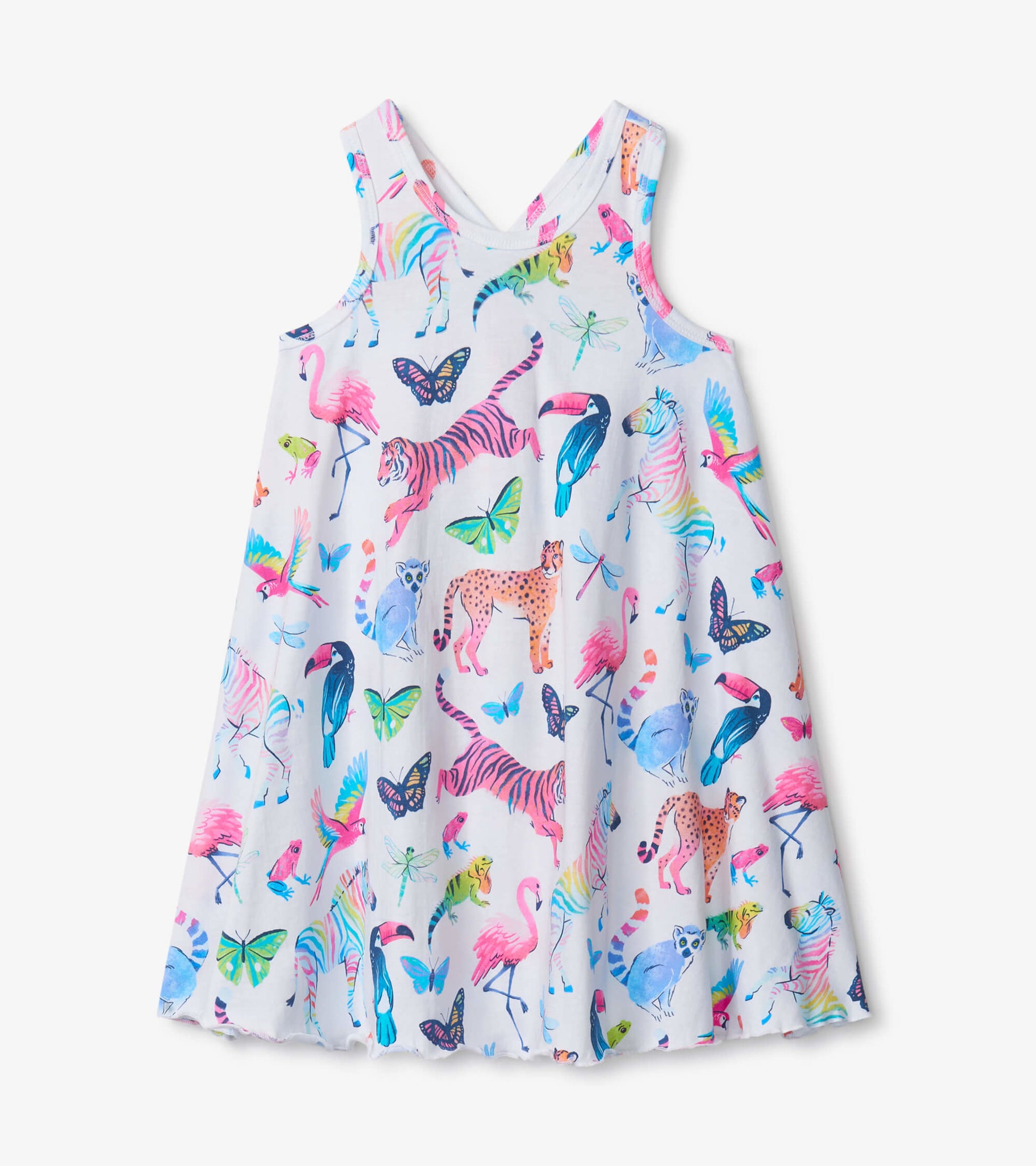 White trapeze dress featuring a vibrant jungle print with animals and butterflies in various colors.