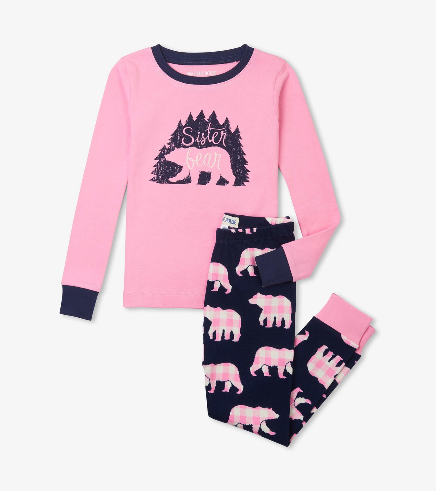 Pink long-sleeve top with bear graphic and navy pants featuring pink plaid bears, suitable for kids' sleepwear.