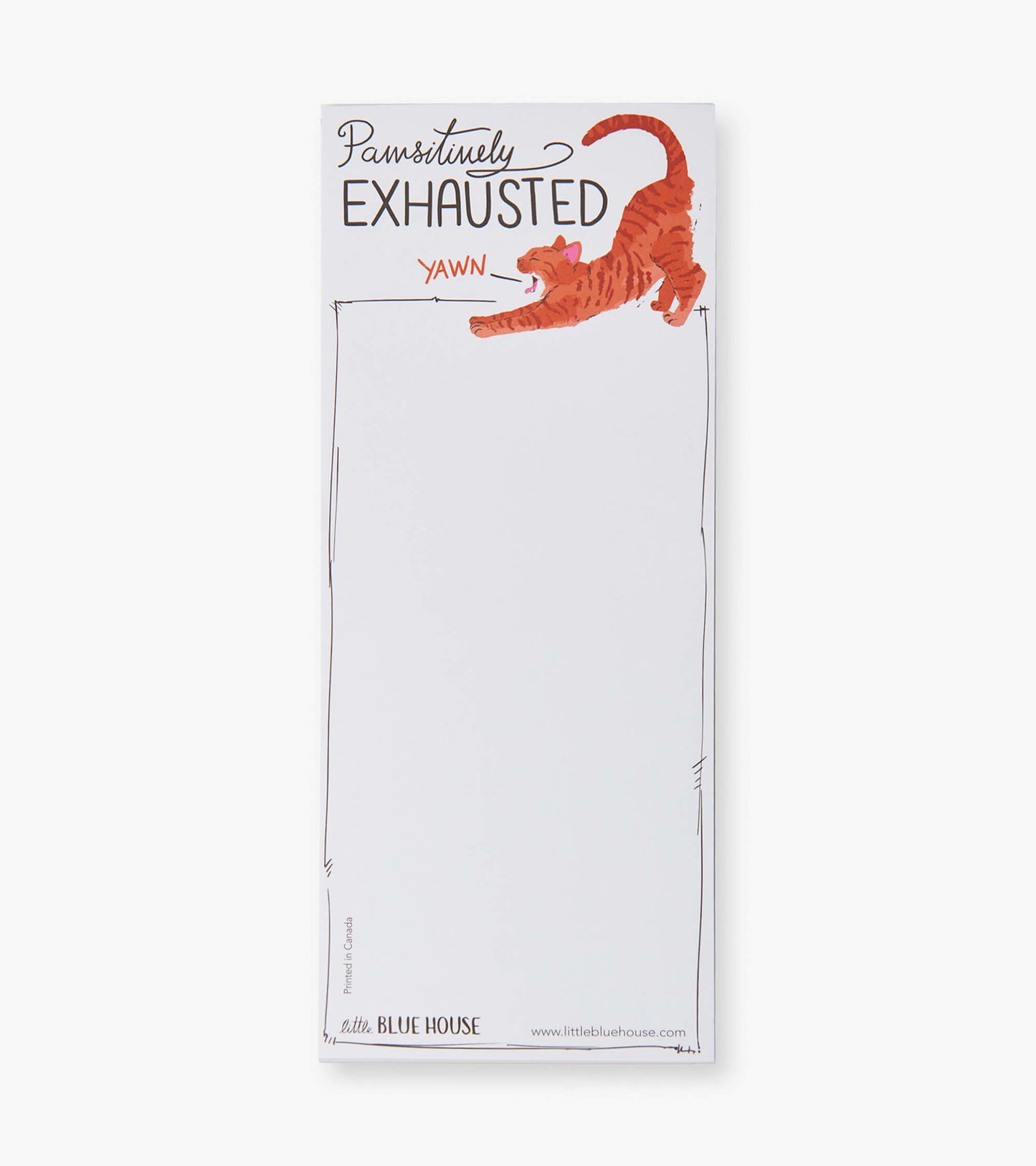 Magnetic notepad featuring a playful orange cat illustration and the text "Pawsitively Exhausted" at the top.