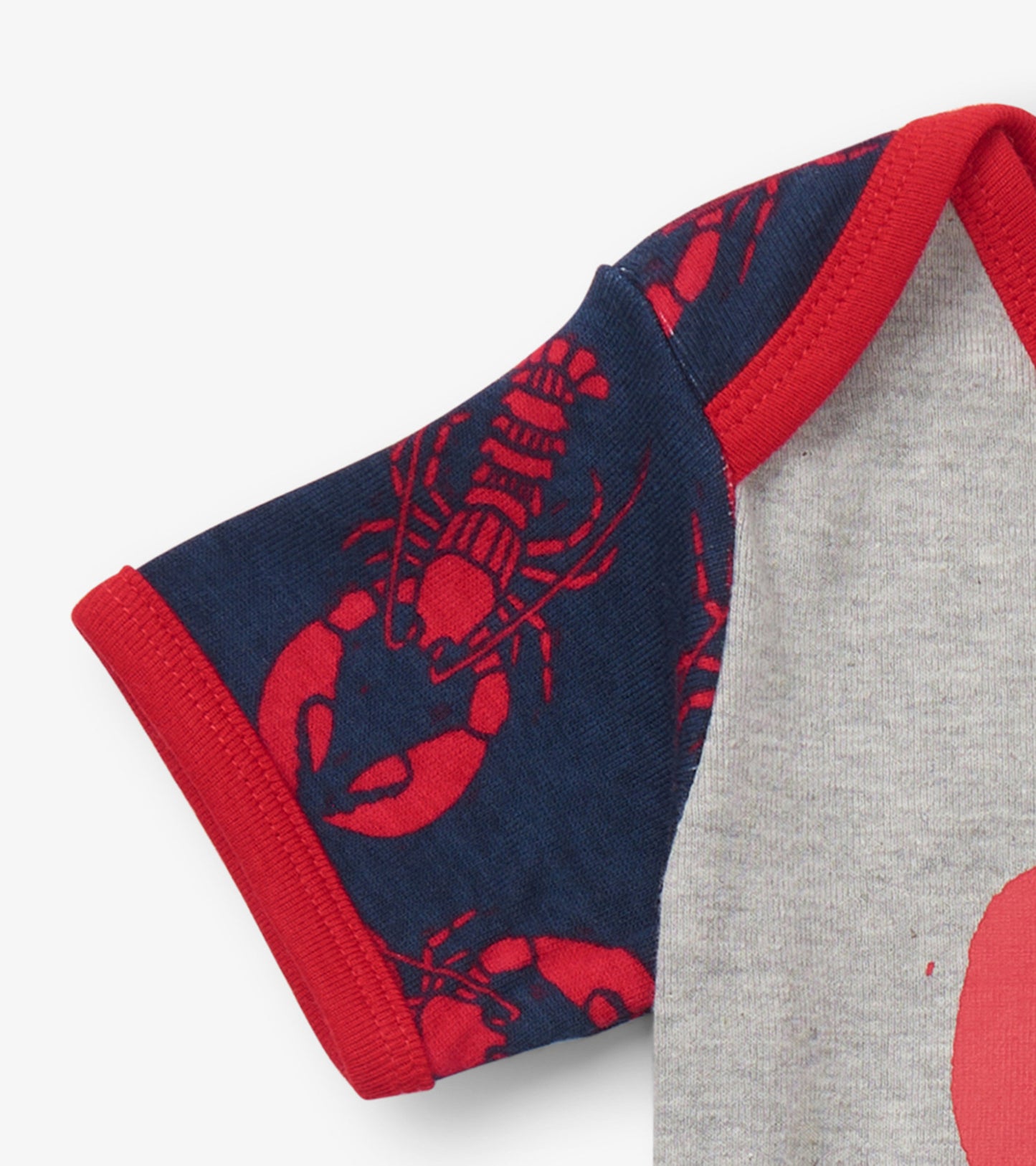 Gray bodysuit with red lobster print and red trim on sleeves, suitable for babies aged 3-24 months.