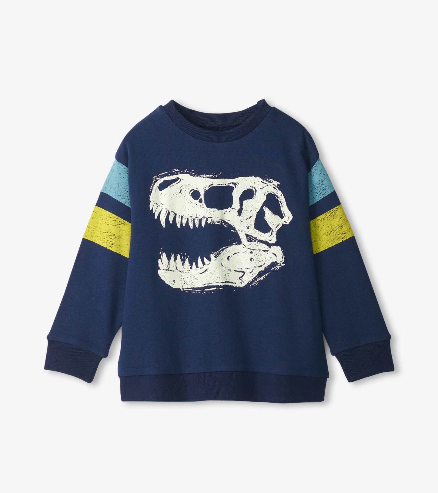Navy pullover sweatshirt featuring a dinosaur skull graphic and colorful striped sleeves in blue and yellow.