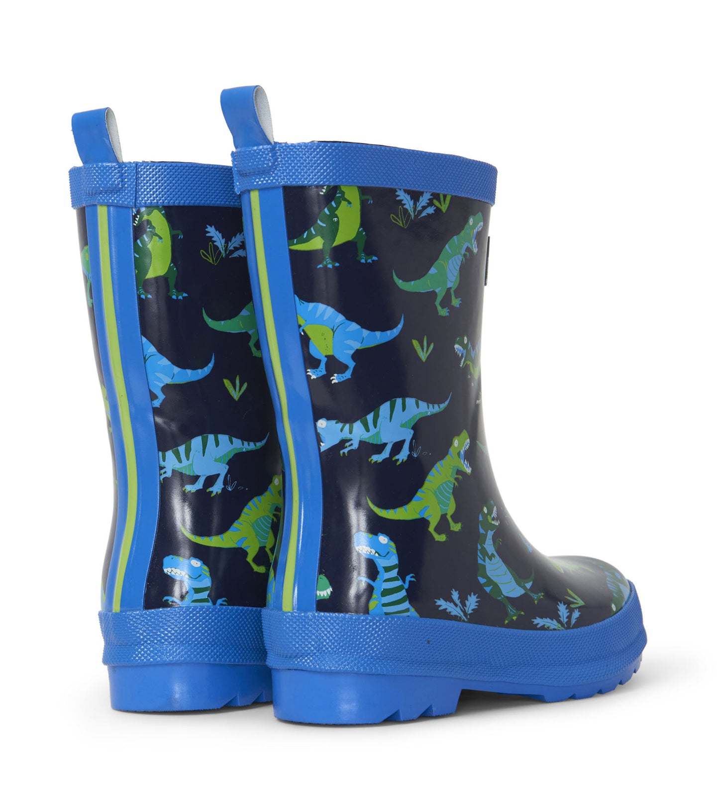 Navy rain boots featuring colorful dinosaur patterns, blue accents, and textured soles for kids.
