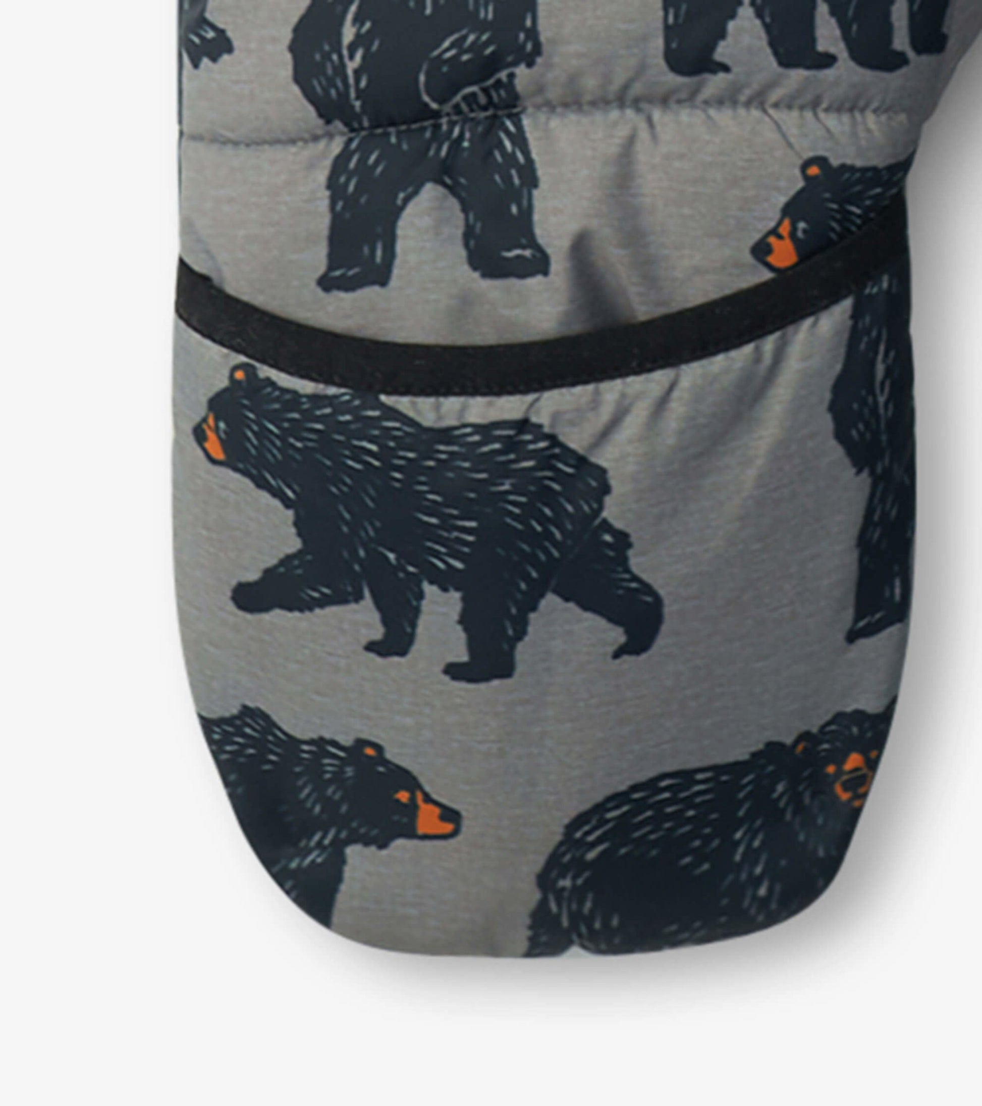 Gray baby snowsuit featuring a playful bear pattern, designed for warmth and comfort in cold weather.