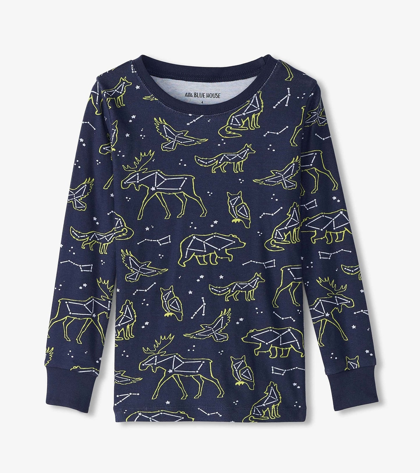 Navy pajama top featuring animal constellations in bright green and white, with long sleeves and a crew neckline.