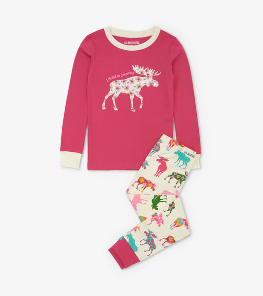 Pink long-sleeve pajama top with floral moose graphic, paired with cream pants featuring colorful moose and floral patterns.