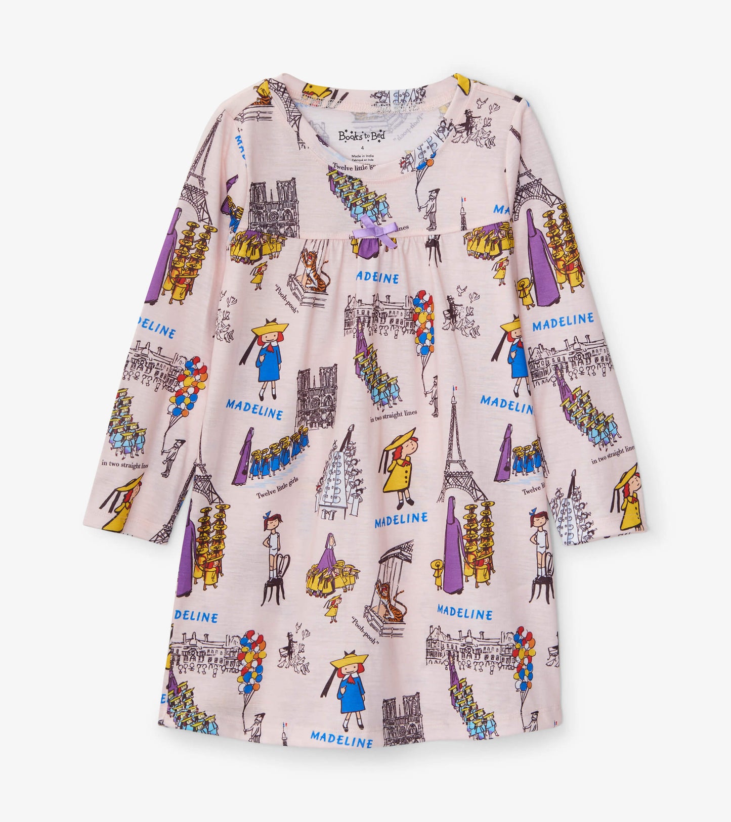 Long-sleeve nightdress in soft pink with colorful Madeline illustrations and a relaxed fit.