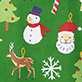 Christmas illustration with a snowman, Santa Claus, reindeer, snowflake, candy canes, and holly on a green background