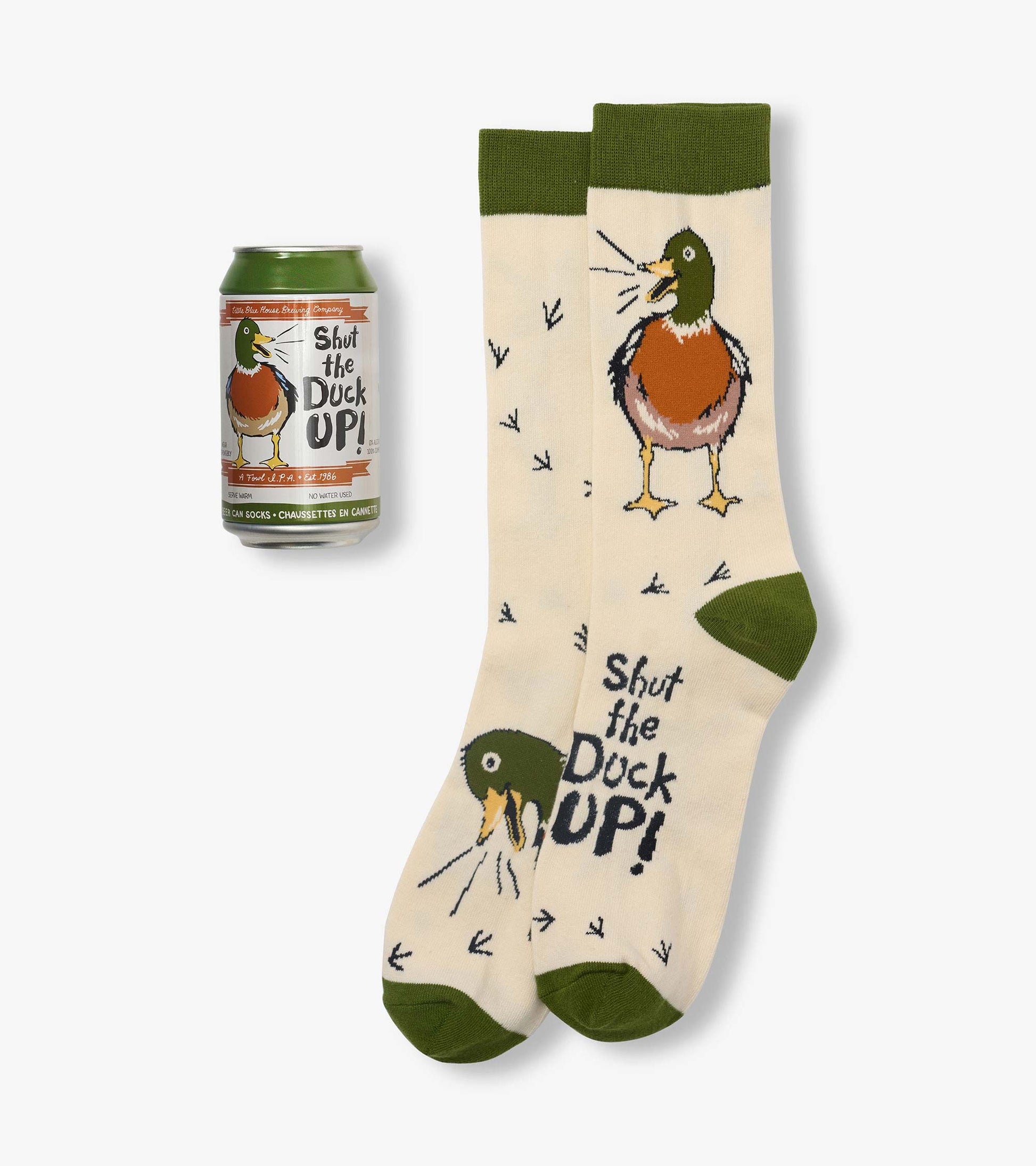 Cream crew socks with green cuffs, heels and toes, featuring duck graphics and text; shown with matching can packaging.