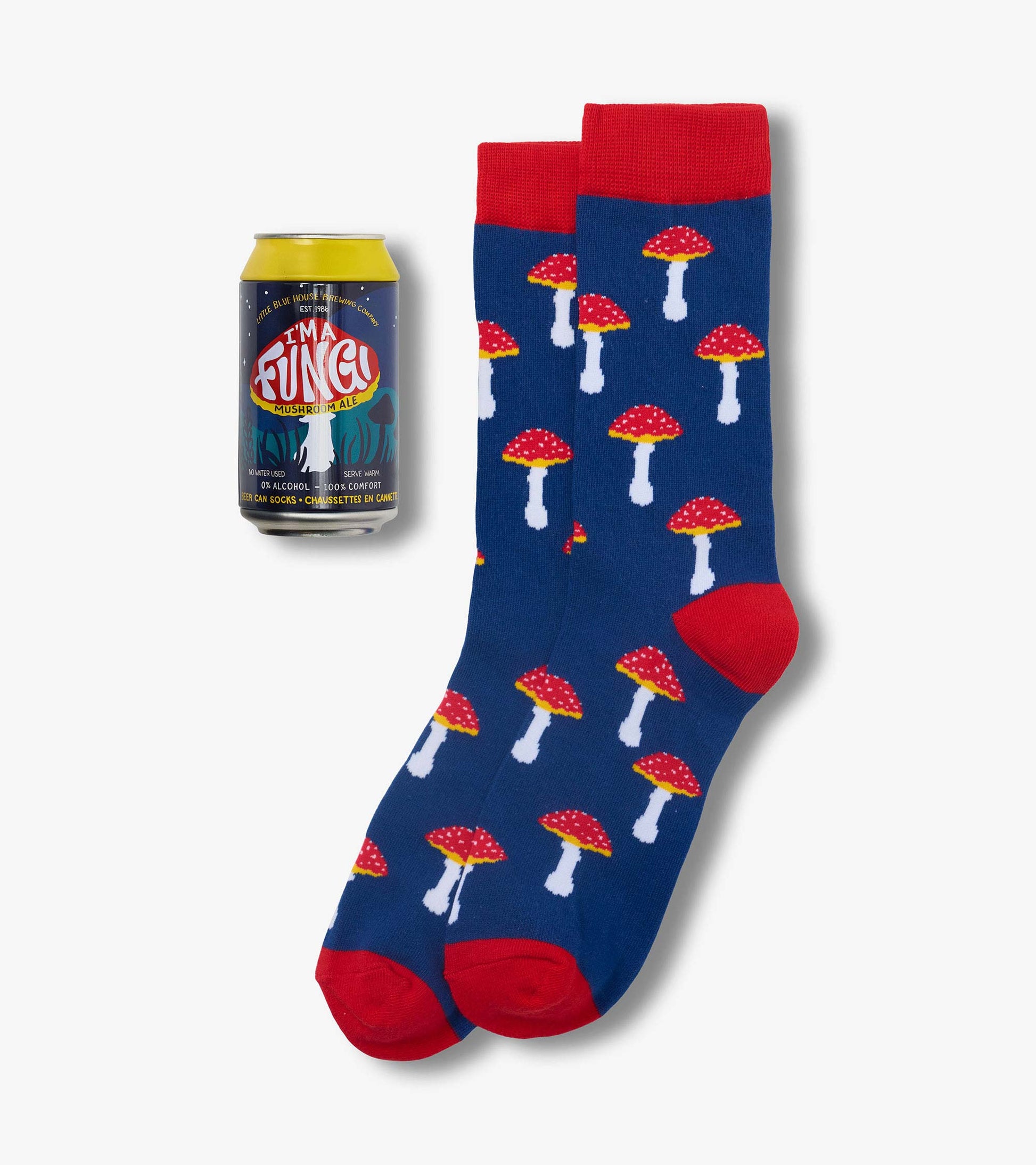 Blue crew socks with red cuffs, heels and toes, patterned with red-and-white mushrooms, shown beside a can package.