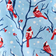 Blue background with black tree branches and red cardinals, leaves, and berries