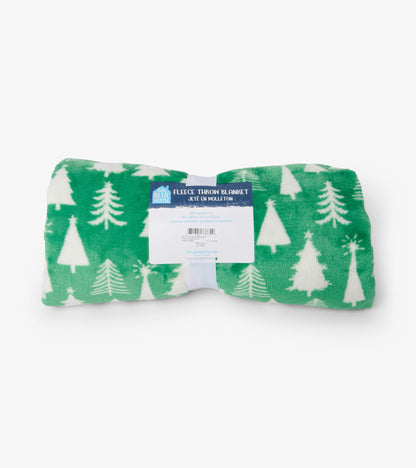 Christmas tree fleece blanket folded with Little Blue House wrap label visible