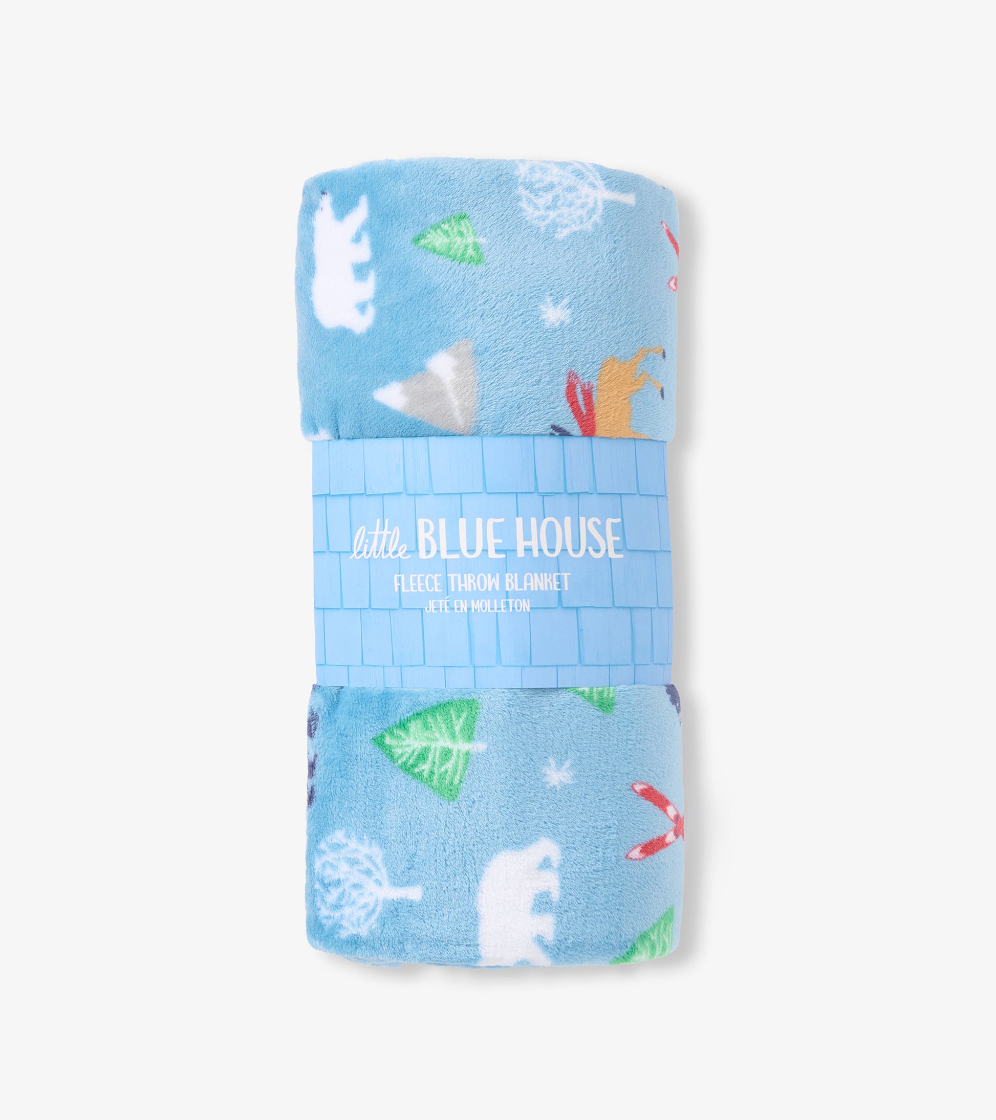Light blue fleece blanket featuring playful winter-themed patterns, rolled and tied with a label.