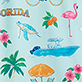 Blue whale illustration with birds, flamingo, palm trees, flowers, and beach umbrella on a white background, with partia