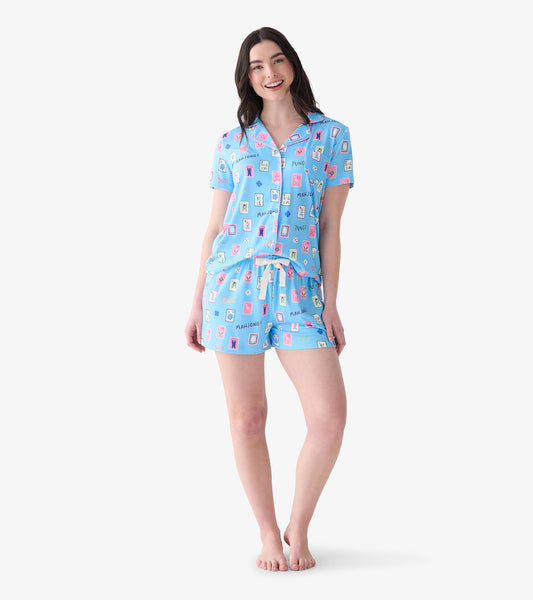 Women's blue short pajama set with button-down top, drawstring shorts, and colorful mahjong tile print