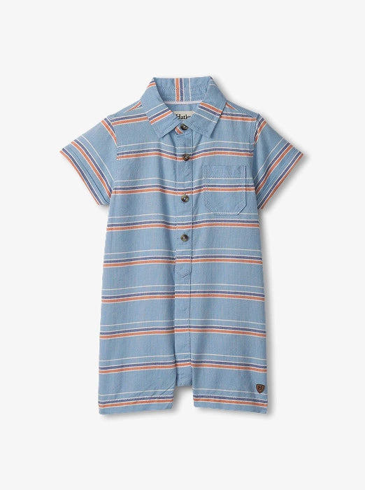 Shop boys sale collection. Showing light blue striped short-sleeve baby romper on a white background.