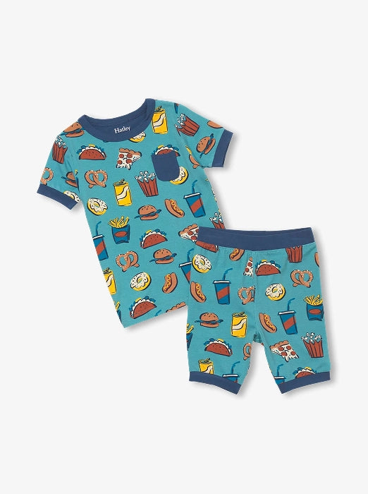 Promotes boys sleepwear sale. Showing blue short-sleeve pajama set with colorful fast-food print.