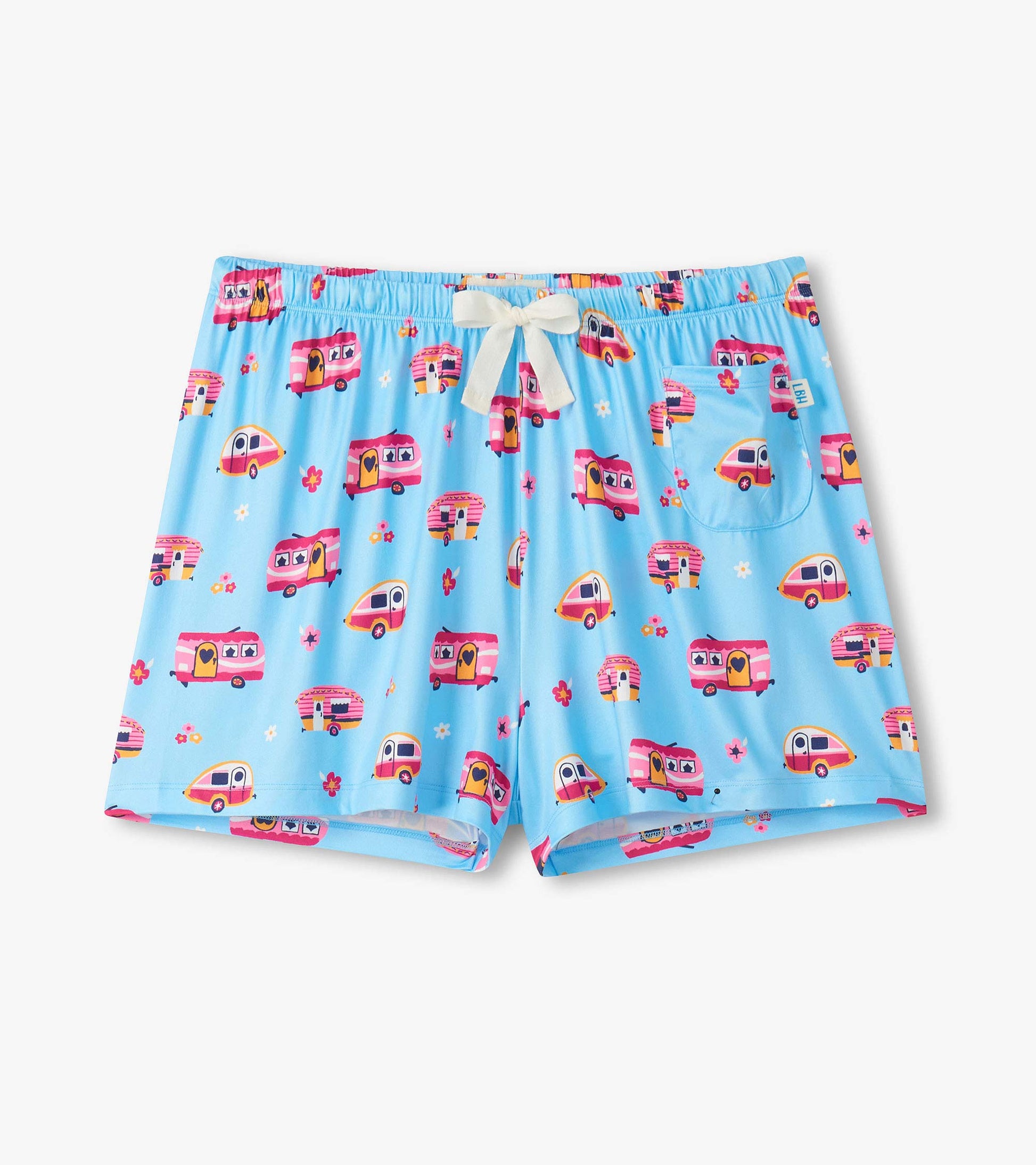 Blue pajama shorts with pink camper print, elastic waistband, white drawstring, and side pocket, front view