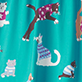 Turquoise pattern with a white cat, curled striped cat, blue and white bird, and red polka-dot bow