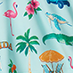 Blue seahorses, pink flowers, green palm tree, and orange jellyfish pattern on white fabric