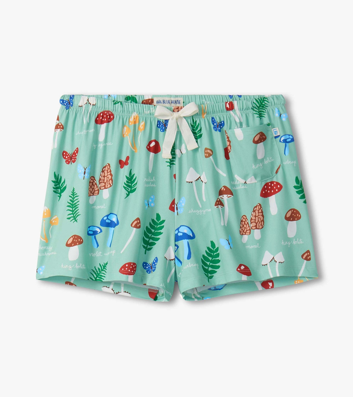 Mint green pajama shorts with mushroom and butterfly print, elastic waist, white drawstring, and front pocket.