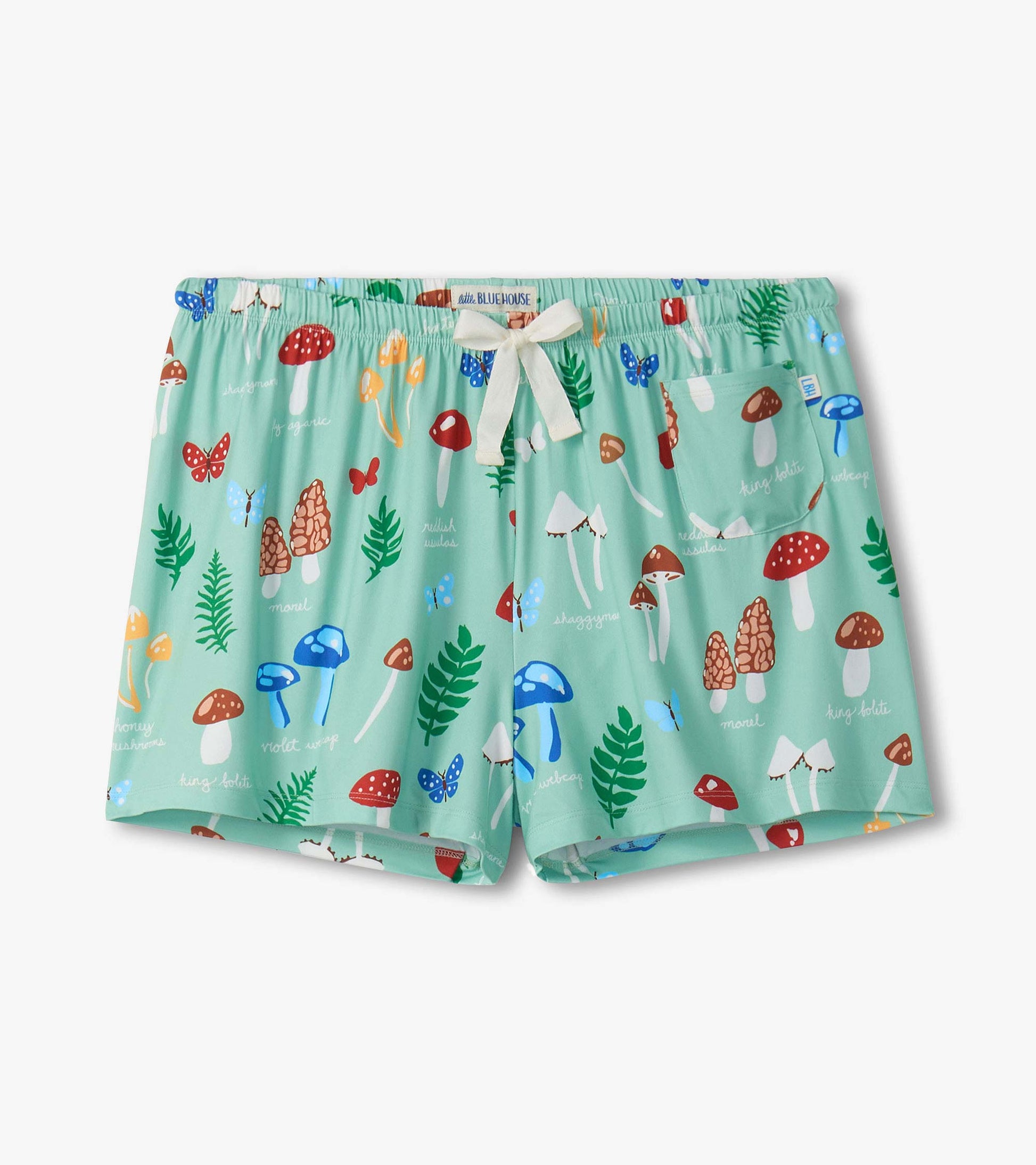 Mint green pajama shorts with mushroom and butterfly print, elastic waist, white drawstring, and front pocket.