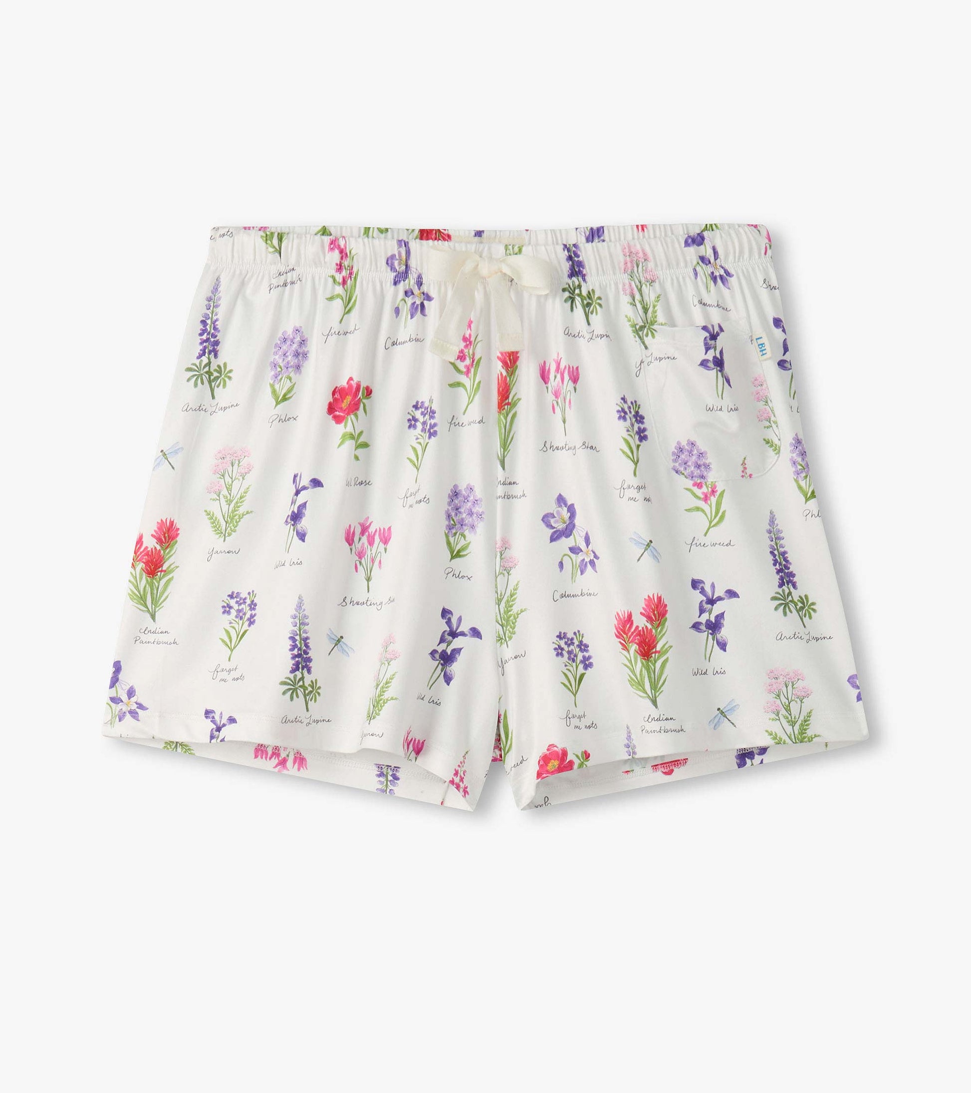 White pajama shorts with colorful wildflower print, elastic waistband, and drawstring front view