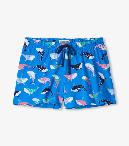Women's blue boxer shorts with multicolored whale print, elastic waistband, and navy drawstring