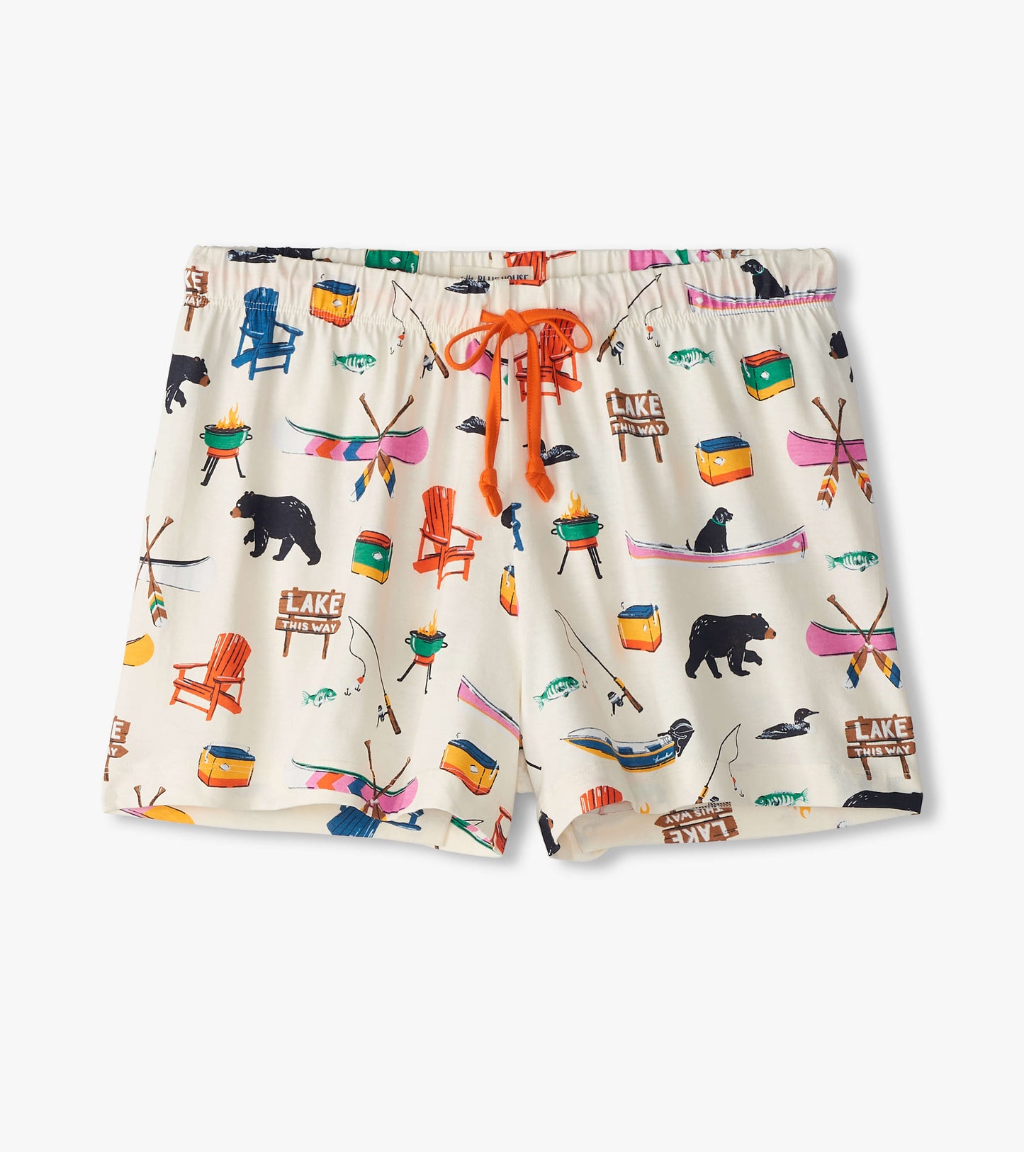 Cream cotton sleep shorts with colorful lake-themed print and orange drawstring, front view