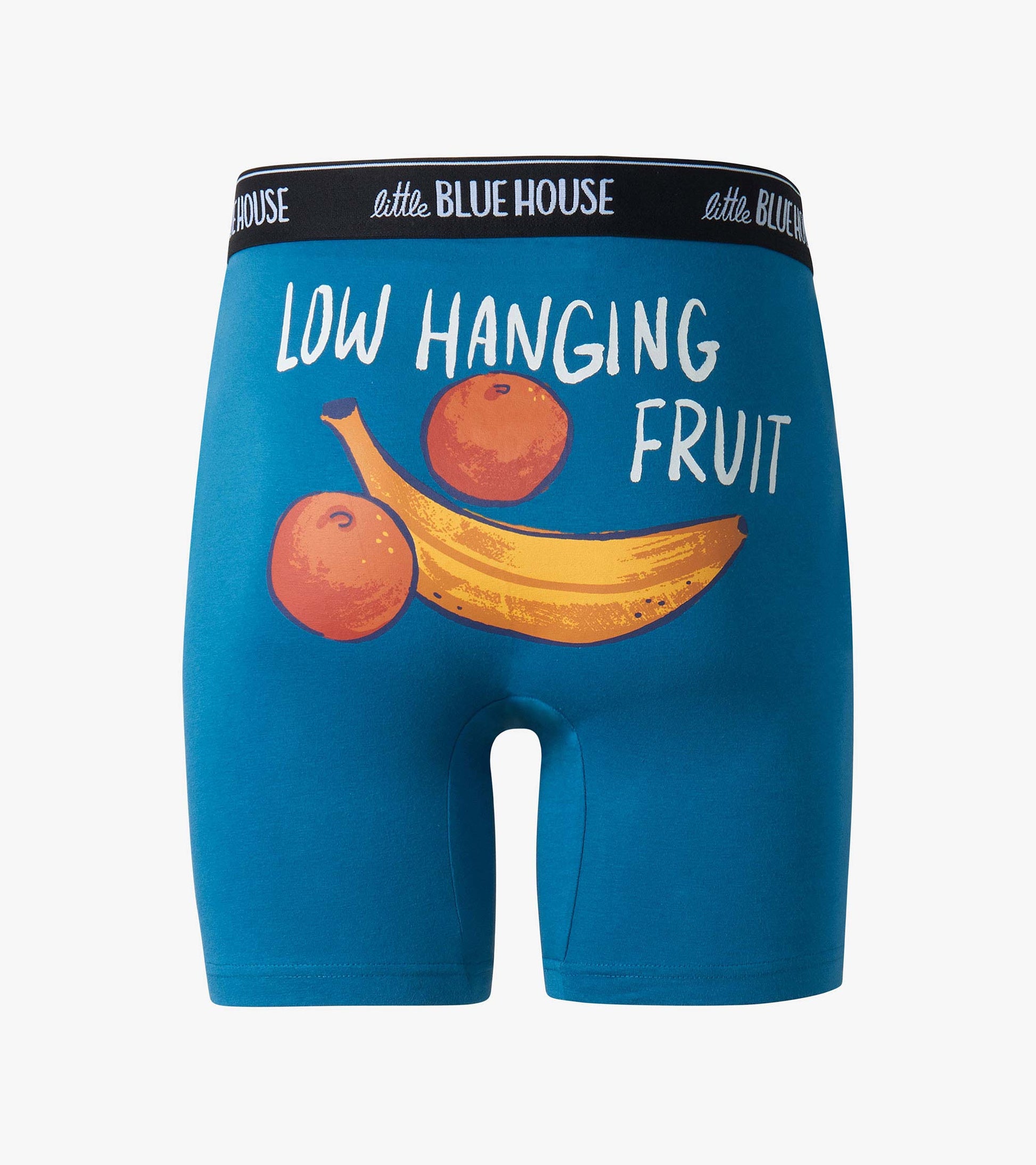 Blue men’s boxer briefs with banana and fruit print and black logo waistband, front view