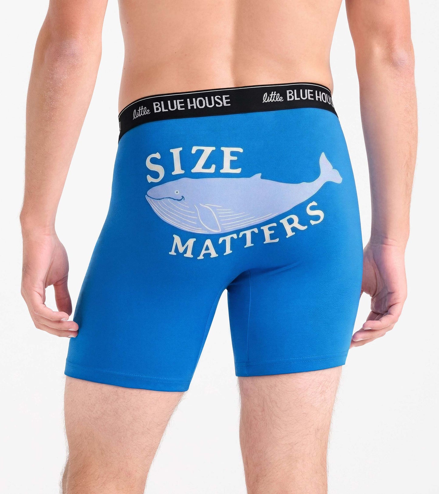 Blue boxer briefs with whale graphic and "Size Matters" text, back view, black waistband
