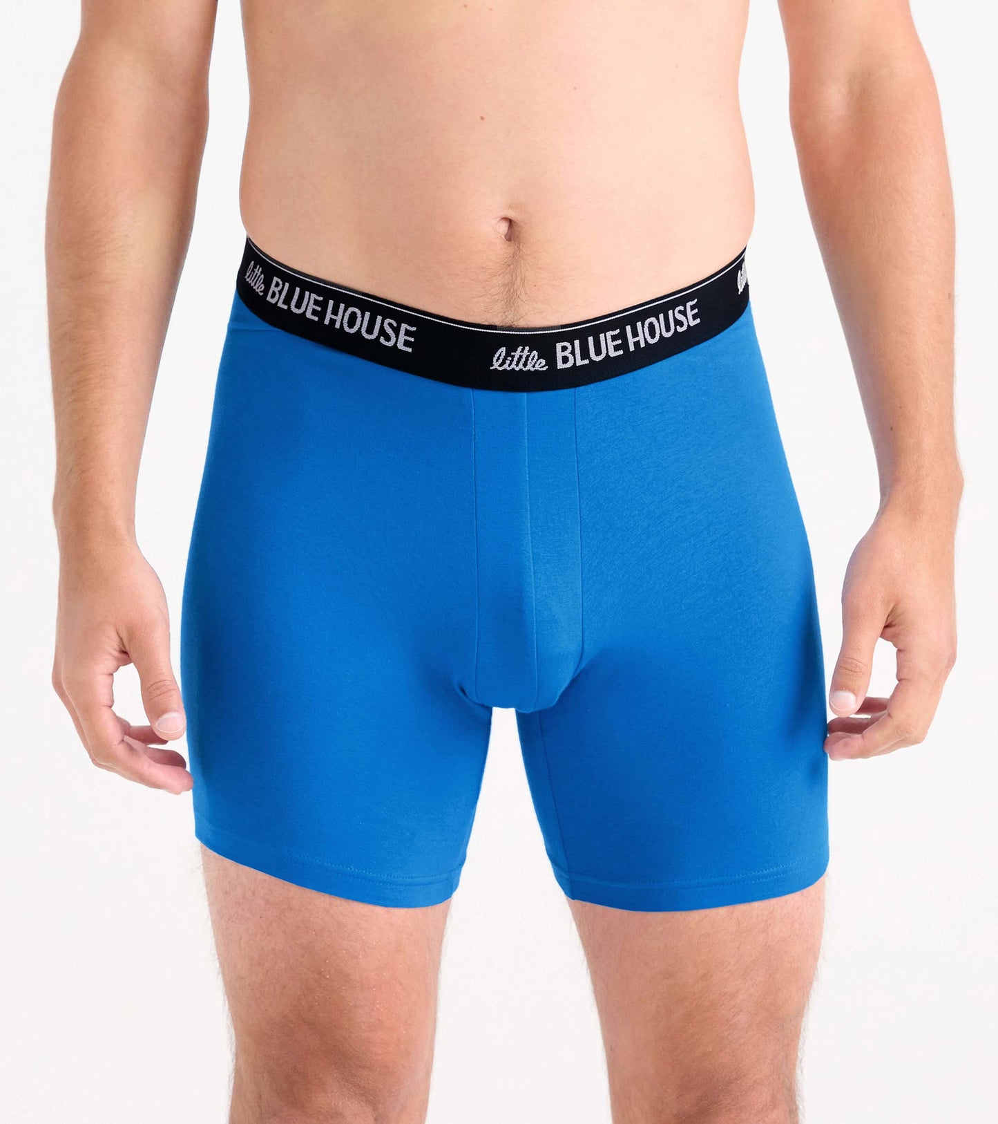 Blue men’s boxer briefs with black logo waistband, front view