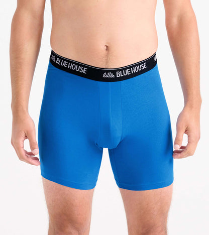Blue men’s boxer briefs with black logo waistband, front view