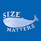 View Men's Whale Size Matters Boxer Brief - Blue square with white text reading "Size Matters" and two curved arrows below