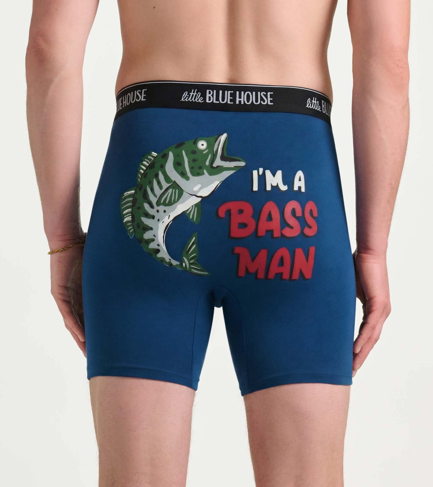 Blue boxer briefs with black waistband and fish graphic reading “I’M A BASS MAN” on the back.