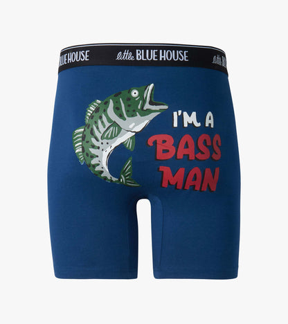 Blue boxer briefs with fish graphic and "I'm a Bass Man" text, front view