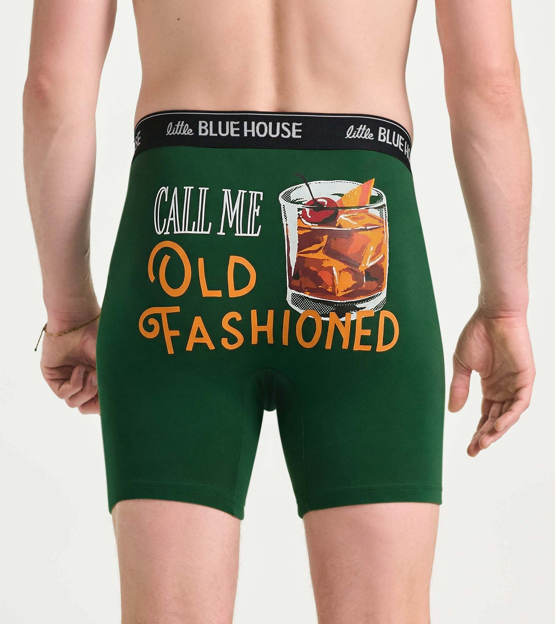 Green boxer briefs with black waistband and “Call Me Old Fashioned” cocktail graphic on back view