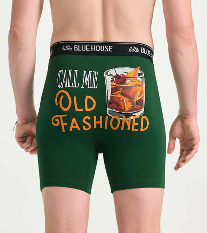 Green boxer briefs with black waistband and “Call Me Old Fashioned” cocktail graphic on back view
