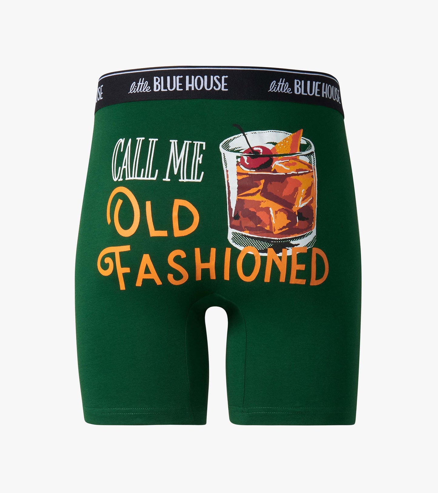 Green boxer briefs with black waistband and “Call Me Old Fashioned” cocktail graphic on front