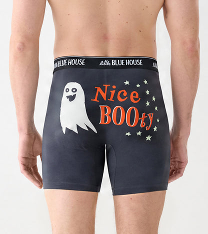 Back view of slate blue boxer briefs with a ghost and orange Nice BOOty graphic
