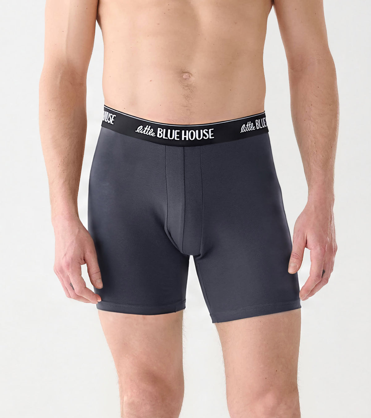 Front view of slate blue boxer briefs with black Little Blue House waistband
